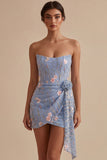 Strapless Light Blue Bodycon Corset Floral Short Homecoming Dress with Sash