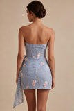 Strapless Light Blue Bodycon Corset Floral Short Homecoming Dress with Sash