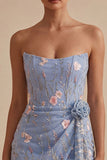 Strapless Light Blue Bodycon Corset Floral Short Homecoming Dress with Sash