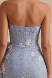 Strapless Light Blue Bodycon Corset Floral Short Homecoming Dress with Sash