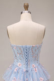 Light Blue A-Line Sweetheart Corset Floral Tiered Short Homecoming Dress with Lace Up Back