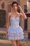 Light Blue A-Line Sweetheart Corset Floral Tiered Short Homecoming Dress with Lace Up Back
