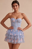 Light Blue A-Line Sweetheart Corset Floral Tiered Short Homecoming Dress with Lace Up Back