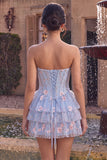 Light Blue A-Line Sweetheart Corset Floral Tiered Short Homecoming Dress with Lace Up Back
