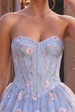 Light Blue A-Line Sweetheart Corset Floral Tiered Short Homecoming Dress with Lace Up Back