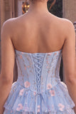 Light Blue A-Line Sweetheart Corset Floral Tiered Short Homecoming Dress with Lace Up Back