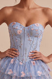 Light Blue A-Line Sweetheart Corset Floral Tiered Short Homecoming Dress with Lace Up Back