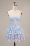 Light Blue A-Line Sweetheart Corset Floral Tiered Short Homecoming Dress with Lace Up Back