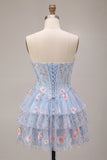 Light Blue A-Line Sweetheart Corset Floral Tiered Short Homecoming Dress with Lace Up Back