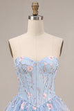 Light Blue A-Line Sweetheart Corset Floral Tiered Short Homecoming Dress with Lace Up Back