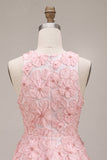 Pink A-Line Floral Round Neck Short Homecoming Dress with Beading