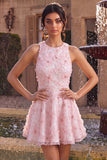 Pink A-Line Floral Round Neck Short Homecoming Dress with Beading