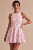 Pink A-Line Floral Round Neck Short Homecoming Dress with Beading