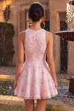 Pink A-Line Floral Round Neck Short Homecoming Dress with Beading