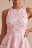 Pink A-Line Floral Round Neck Short Homecoming Dress with Beading