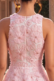 Pink A-Line Floral Round Neck Short Homecoming Dress with Beading