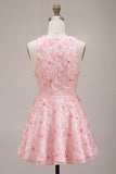 Pink A-Line Floral Round Neck Short Homecoming Dress with Beading