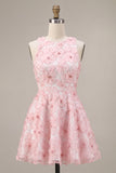 Pink A-Line Floral Round Neck Short Homecoming Dress with Beading