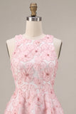 Pink A-Line Floral Round Neck Short Homecoming Dress with Beading