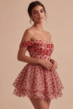 Off the Shoulder Red A-Line Sequins Corset Tiered Short Homecoming Dress