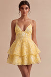 Light Yellow Floral A-Line Beaded Tiered Short Homecoming Dress