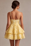 Light Yellow Floral A-Line Beaded Tiered Short Homecoming Dress