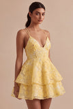 Light Yellow Floral A-Line Beaded Tiered Short Homecoming Dress