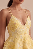 Light Yellow Floral A-Line Beaded Tiered Short Homecoming Dress