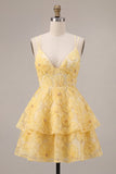 Light Yellow Floral A-Line Beaded Tiered Short Homecoming Dress