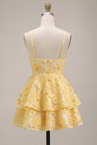 Light Yellow Floral A-Line Beaded Tiered Short Homecoming Dress