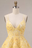 Light Yellow Floral A-Line Beaded Tiered Short Homecoming Dress