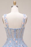 A-Line Light Blue Sheer Corset Floral Short Homecoming Dress