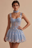 A-Line Light Blue Sheer Corset Floral Short Homecoming Dress