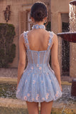 A-Line Light Blue Sheer Corset Floral Short Homecoming Dress