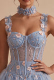 A-Line Light Blue Sheer Corset Floral Short Homecoming Dress
