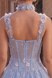A-Line Light Blue Sheer Corset Floral Short Homecoming Dress