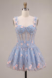 A-Line Light Blue Sheer Corset Floral Short Homecoming Dress