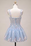 A-Line Light Blue Sheer Corset Floral Short Homecoming Dress