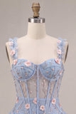 A-Line Light Blue Sheer Corset Floral Short Homecoming Dress