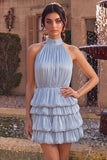 Blue Halter Neck A-Line Tiered Ruffled Short Homecoming Dress with Bubble Hem