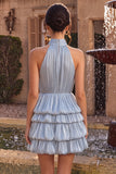 Blue Halter Neck A-Line Tiered Ruffled Short Homecoming Dress with Bubble Hem