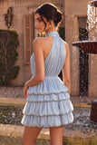 Blue Halter Neck A-Line Tiered Ruffled Short Homecoming Dress with Bubble Hem