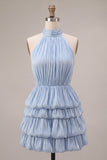 Blue Halter Neck A-Line Tiered Ruffled Short Homecoming Dress with Bubble Hem