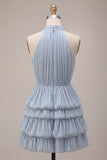 Blue Halter Neck A-Line Tiered Ruffled Short Homecoming Dress with Bubble Hem