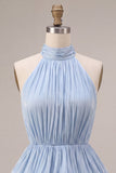 Blue Halter Neck A-Line Tiered Ruffled Short Homecoming Dress with Bubble Hem