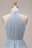 Blue Halter Neck A-Line Tiered Ruffled Short Homecoming Dress with Bubble Hem