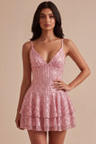A-Line Pink Tiered Ruffled Sequins Short Homecoming Dress
