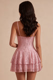 A-Line Pink Tiered Ruffled Sequins Short Homecoming Dress