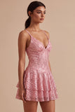 A-Line Pink Tiered Ruffled Sequins Short Homecoming Dress