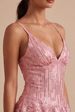 A-Line Pink Tiered Ruffled Sequins Short Homecoming Dress